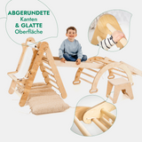 7in1 Montessori Klettergerüst Set: Kletterdreieck, Kletterbogen mit Kissen, Rutsche, Kletternetz, Maltafel und Kinderstuhl, für Kinder 1-7 Jahre – Beige