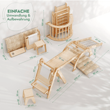 7in1 Montessori Klettergerüst Set: Kletterdreieck, Kletterbogen mit Kissen, Rutsche, Kletternetz, Maltafel und Kinderstuhl, für Kinder 1-7 Jahre – Beige
