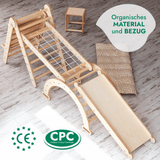 7in1 Montessori Klettergerüst Set: Kletterdreieck, Kletterbogen mit Kissen, Rutsche, Kletternetz, Maltafel und Kinderstuhl, für Kinder 1-7 Jahre – Beige