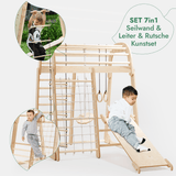 8in1 Indoor Spielplatz: Klettergerüst mit Kletternetz, Rutsche, Gymnastikringe, Hängende Leiter, Disc-Schaukel, Maltafel und Kinderstuhl – Beige