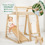8in1 Indoor Spielplatz: Klettergerüst mit Kletternetz, Rutsche, Gymnastikringe, Hängende Leiter, Disc-Schaukel, Maltafel und Kinderstuhl – Beige