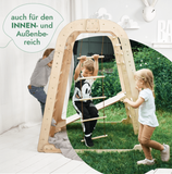 8in1 Indoor Spielplatz: Klettergerüst mit Kletternetz, Rutsche, Gymnastikringe, Hängende Leiter, Disc-Schaukel, Maltafel und Kinderstuhl – Beige