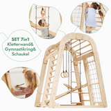 8in1 Indoor Spielplatz: Klettergerüst mit Kletternetz, Rutsche, Gymnastikringe, Hängende Leiter, Disc-Schaukel, Maltafel und Kinderstuhl – Beige